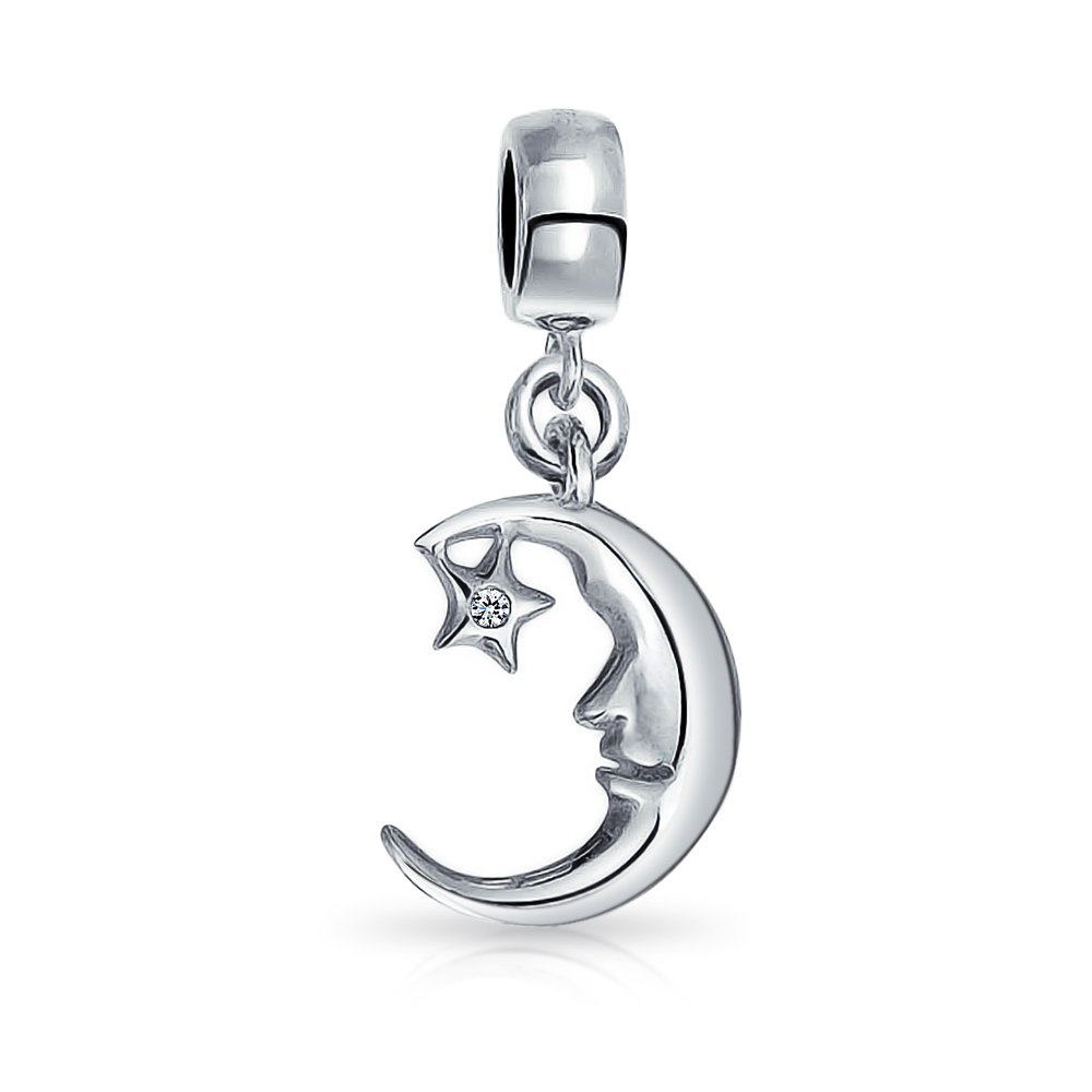 Celestial Dreamer Crescent Man In The Moon Two Tone Star Dangle Charm Bead For Women Teen Yellow 14K Gold Plated .925 Sterling Silver Fits European Bracelet