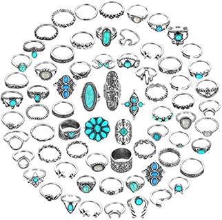 Boho-Spirit 84-Piece Turquoise Stackable Ring Set in Silver Alloy - Chic Oval Gem Design for Women & Girls