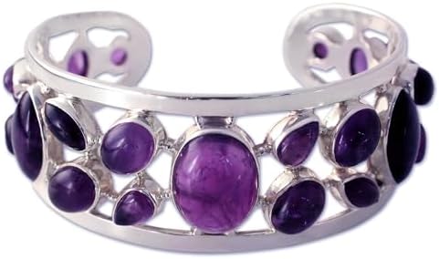 NOVICA Artisan Handmade Amethyst Cuff Bracelet Studded .925 Sterling Silver from India Purple 'Purple Harmony'