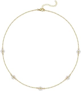 14K Gold Plated Pearl Daisy Chain Choker Necklace, Spring Ring Clasp, Elegant Jewelry Gift for Women and Girls