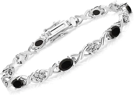 Women's Elegant Sterling Silver Black Onyx Tennis Bangle Bracelet with Secure Box Clasp, Oval 6X4MM Gemstone Design, December Birthstone Bracelet - 7 Inches
