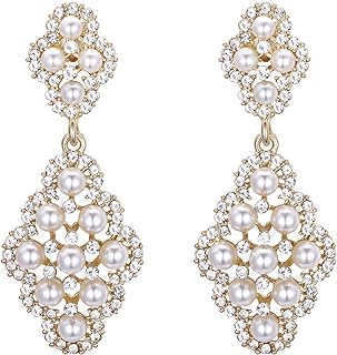 BriLove Women's Wedding Bridal Rhombus Crystal Simulated Pearl Hollow Chandelier Clip-On Dangle Earrings