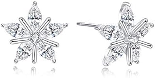S925 Sterling Silver Marquise Cubic Zirconia Flower-Shape Star Burst Rhodium Plated Stud Earrings Fine Facets SE172-P