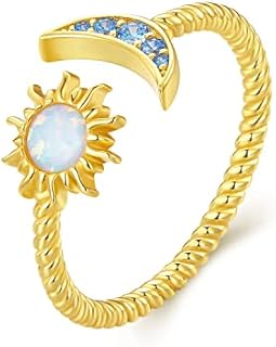MUNDELL 925 Sterling Silver Adjustable Opal Stackable Ring with Moon & Star Design - Hypoallergenic Women's Jewelry