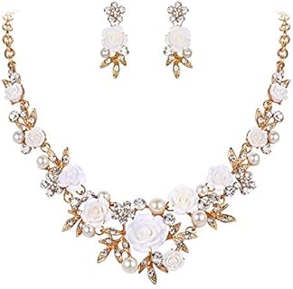 EVER FAITH Women's Austrian Crystal Simulated Pearl Rose Flower Leaf Necklace Pierced Earrings Set