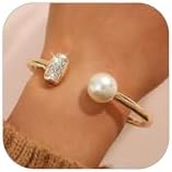 Elegant Gold Pearl Cuff Bracelet with Rhinestone Accents - Chic Open Bangle Design for Women and Girls