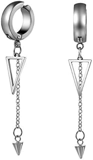 Men's Womens Silver Clip On Triangle Dangle Drop Earrings, Stainless Steel Geometric Stud Hinged Hoop Earrings for Wedding Engagement Party