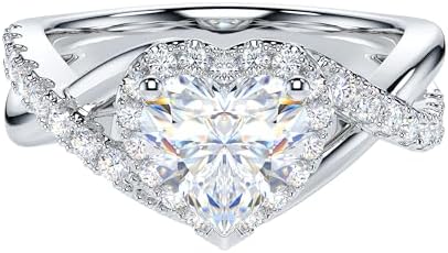 THELANDA Genuine Moissanite or Simulated 1CT Heart Shape Diamond Sterling Silver Crossover Infinity Split Shank Halo Promise Engagement Ring