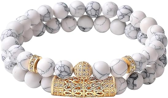 8MM White Howlite Bead Bracelet - 18k Gold Plated - Zircon Stones - Unisex - 7.5 inch - Great Birthday, Christmas gift