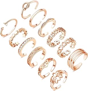Honsny 12PCS 14K Gold Plated Toe Rings for Women Adjustable Band Rings Open Flower CZ Toe Ring Set Beach Foot Jewelry