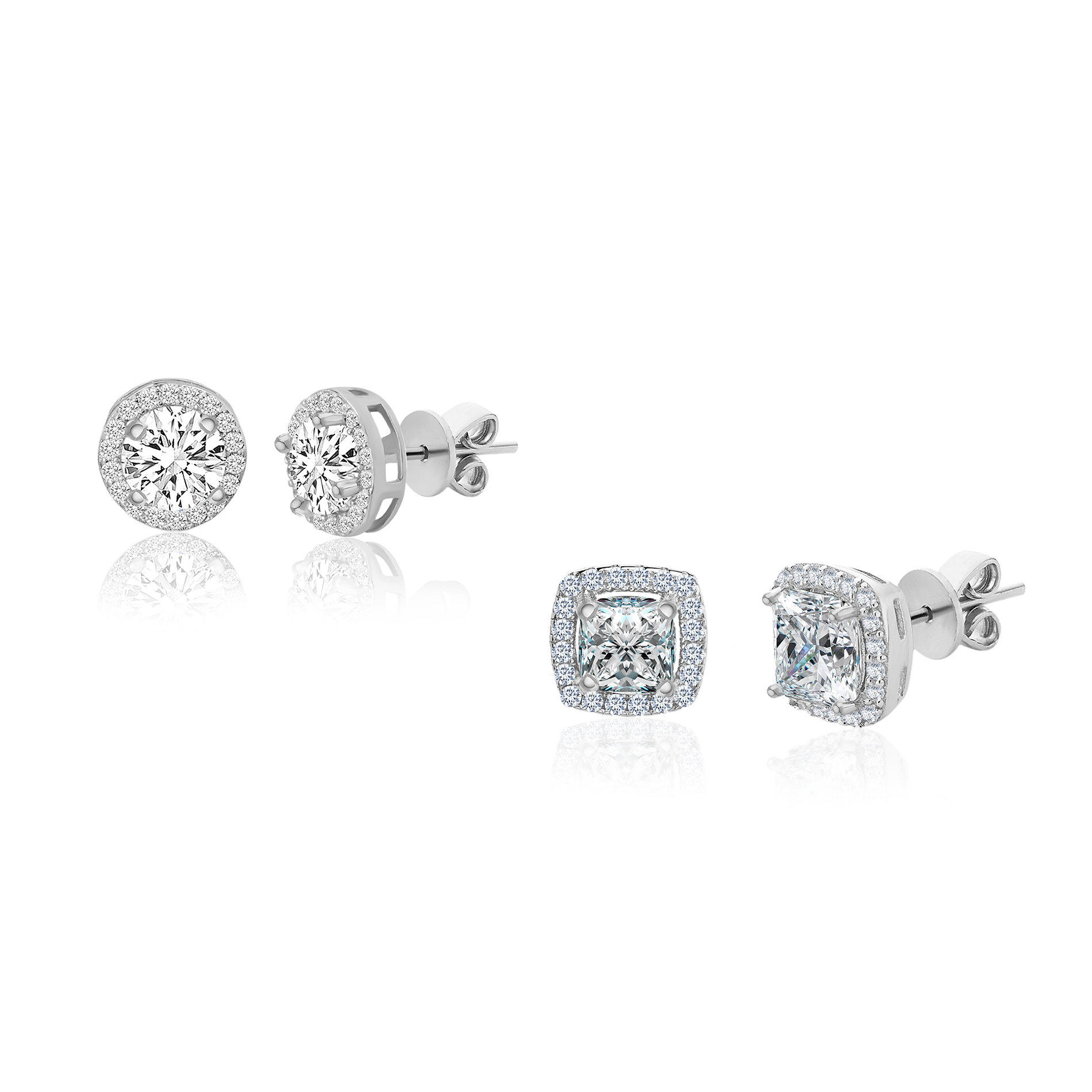 Lesa Michele 925 Sterling Silver Cushion & Round Shaped Cubic Zirconia Halo Stud Earrings for Women 2 Pair Earring Set