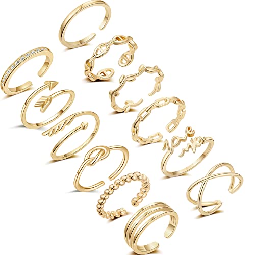 12PCS Silver Knuckle Rings Adjustable Open Rings for Women, 14K Gold Stackable Ring Set, Knot Wave Butterfly Flower Chain Dainty Thumb Rings Size Silver Cute Rings Jewelry for Teen Girls