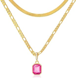 18K Gold Plated Snake Chain Pink Crystal Pendant Necklace for Women - Layered Birthstone Statement Jewelry by Mesovor, Trendy Design for Special Occasions & Daily Wear