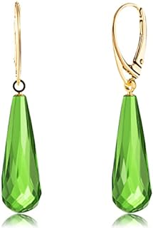 Amber Earrings for Women, Green Gemstone Teardrop, Gold Plated Silver ag925 Closure, 1.77x0.34in 0,07oz, Dangle Semi-Precious Stone Jewelry (Gold Plated)