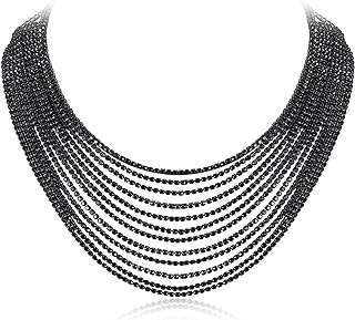 Myafox Crystal Tassel Layered Statement Necklace for Women, Sparkly Fringe Rhinestone Waterfall Chain, Bib Collar Choker Necklace for Party Prom Adjustable 14.5-21.2 Inch