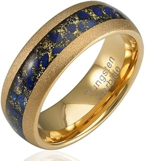 100S JEWELRY Gold Sandblast Tungsten Rings For Men Lapis Lazuli Inlay Wedding Promise Band Size 6-16