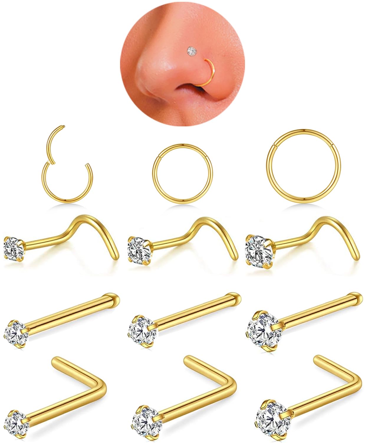 12 Pcs 20G Hypoallergenic 316L Surgical Stainless Steel Nose Rings Hoops Gold Silver Nose Piercings Jewelry L Shape Nose Rings Corkscrew Nose Rings Studs 1.5/2/3mm CZ Sets for Women Men
