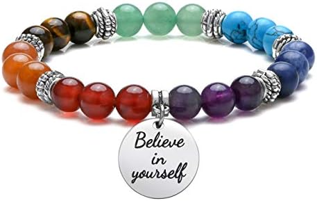 Top Plaza 7 Chakra Stone Bead Bracelets Yoga Reiki Healing Crystals Gemstone Beaded Bracelet Friendship Inspirational Message Charm Bracelet for Women Men