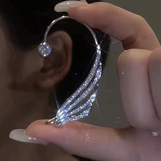 Clip-on Rhinestone Butterfly and Flower Tassel Ear Cuff with Silver Wheat Wing Wrap Design for Women - Non-pierced Unique Wedding Bridal Accessory