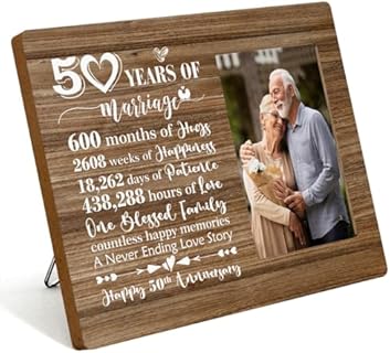 IAXIC 50th Wedding Anniversary, High-Gloss Wooden Photo Frame, Rectangular, Vintage Rustic Style, For Couples, Parents, Grandparents - Nature Theme