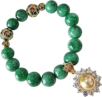 Lobster Claw Clasp Green Jade Bangle Bracelet With Bead Chain For Women | Healing Round Gem with Prosperity Pendant | Authentic Thai Design