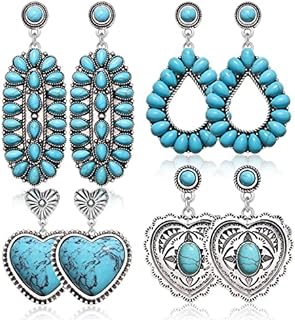 Women's Genuine Turquoise Heart/Teardrop Dangle Earrings With Silver Bases - Versatile Boho and Western Inspired Design