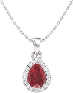 Diamondere Natural and Certified Pear Ruby and Diamond Halo Drop Petite Necklace in 10k White Gold | 0.45 Carat Pendant with Chain