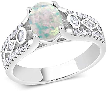 Sterling Silver Opal Engagement Ring with Zirconia for Women, Cabochon Cut Design
