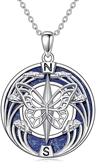 Men's 925 Sterling Silver Compass Pendant Necklace with Lapis Lazuli Gem & Butterfly Design, Box Chain Type