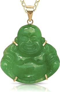 Real 14k 16-inch Natural Jade or Onyx Carved Smiling Buddha Pendant Necklace (24mm x 30mm)