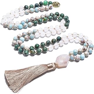 108 Mala Prayer Beads Necklace Natural Stones Meditation Yoga Jewery 108 Hand Knotted Japa Mala Beaded Long Tassel Necklace with Tree of Life Pendant for Men and Women