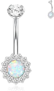PEAKLINK 14G G23 Titanium Belly Button Ring with Cubic Zirconia/Opal 10mm Internally threaded Navel Piercing Jewelry