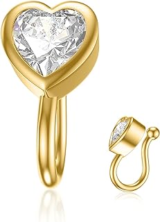 14k Yellow Gold Clasp, Faux Diamond Heart Shaped Nose Ring, L/Twist/U Stud Design for Women by MRENITE