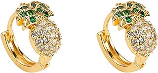 Women's 10K Gold-Plated Pineapple Stud Earrings, Inlaid with AAAA+ Cubic Zirconia and Emeralds, Durable Zinc Material, Split Ring Back