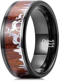 THREE KEYS JEWELRY Men Wedding Bands 8mm Tungsten Hunting Gold/Silver Viking Deer Forest Carbide Wood Ring with With Sandalwood Inlay Polished Infinity Unique for Him Black/Custom Ring Personalized Ring