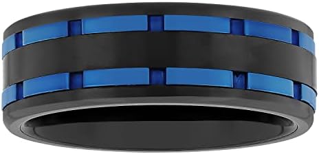 Tantalum Carbide 8mm Matte Black and Blue Multi Groove with Black Carbon Fiber Center Men’s Wedding Band Ring