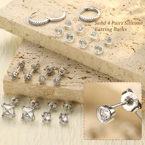 5 Pairs Sterling Silver Stud Hoop Earrings Set for Multiple Piercing, Hypoallergenic 925 Sterling Silver Small Cubic Zirconia Earrings Studs Cartilage Huggie Hoops for Women Teen Girls