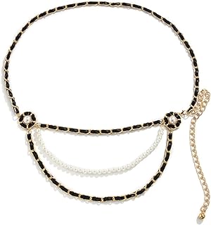 Gold Pearl & Leather Layered Waist Chain Belt, Alloy Body Jewelry for Women & Girls, Adjustable Fit for Prom & Party