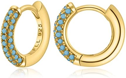 Sparkling Turquoise Huggie Hoop Earrings with Sterling Silver Back Finding for Women and Girls, Classic Hoop Design