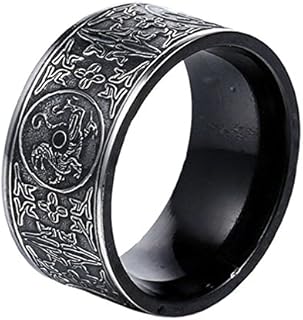 Men's Stainless Steel Chinese Ancient 4 Guardian Beasts Ring Dragon, White Tiger, Suzaku, Basalt Carved