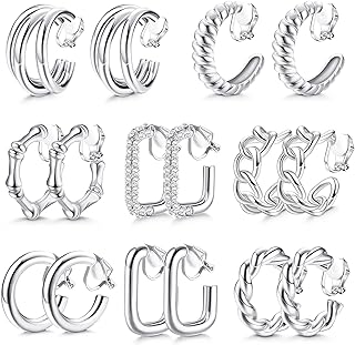 FASACCO Gold Clip-On Hoop Earrings with Alloy Gem for Women Featuring Twist Round & Chunky Designs, No Piercing Required