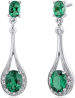 Peora Simulated Emerald Dangle Earrings for Women 925 Sterling Silver, Halo Drop 3.50 Carats total Oval Shape, Hypoallergenic, Friction Backs