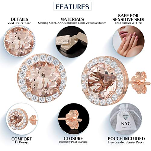 Women Rose Gold Plated Cubic Zirconia Simulated Morganite Halo Stud Earrings