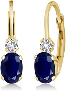 Women's 14K Yellow Gold Leverback Earrings with Blue and White Created Sapphire - Elegant Oval and Round Stud Design, Ideal September Birthstone Gift
