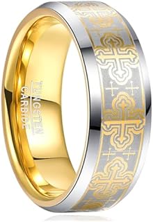 LINGMEI 8mm Mens Rings Tugsten ring Gold Ring for Men Prayer Cross Ring Tungsten Carbide Ring Wedding Ring Beveled Edge High Polished Comfort Fit Size 7-12