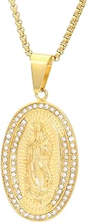 Hip Hop Rapper Iced Out Necklace Stainless Steel Lady of Guadalupe Pendant Oval Necklace Rhinestones Medallion Necklace