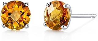 14K White Gold Citrine Stud Earrings with Push Backs for Women, Round Shape 1.50 Carat AAA Grade