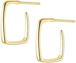 Reffeer Solid 925 Sterling Silver Open Hoop Earrings for Women Teen Girls Square Post Hoop Earrings Studs