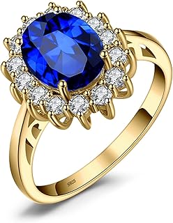 JewelryPalace Princess Diana Kate Middleton Class Gemstone Birthstone Sapphire Halo Engagement Rings for Women, Anniversary 14K White Yellow Rose Gold Plated 925 Sterling Silver Promise Rings for Her