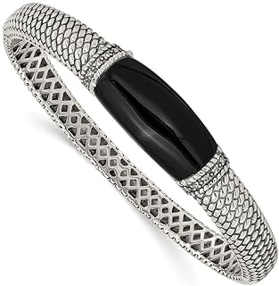 925 Sterling Silver Hinged Prong set Hidden catch Box Catch Closure Diamond and Simulated Onyx Cuff Stackable Bangle Bracelet Measures 13mm Wide Jewelry Gifts for Women